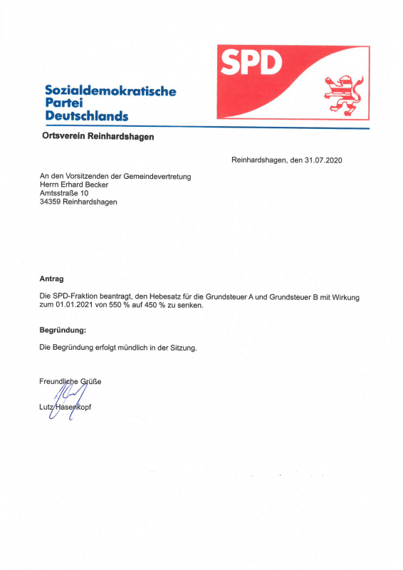 August 2020 SPD Fraktion stellt Antrag auf Grundsteuersenkung